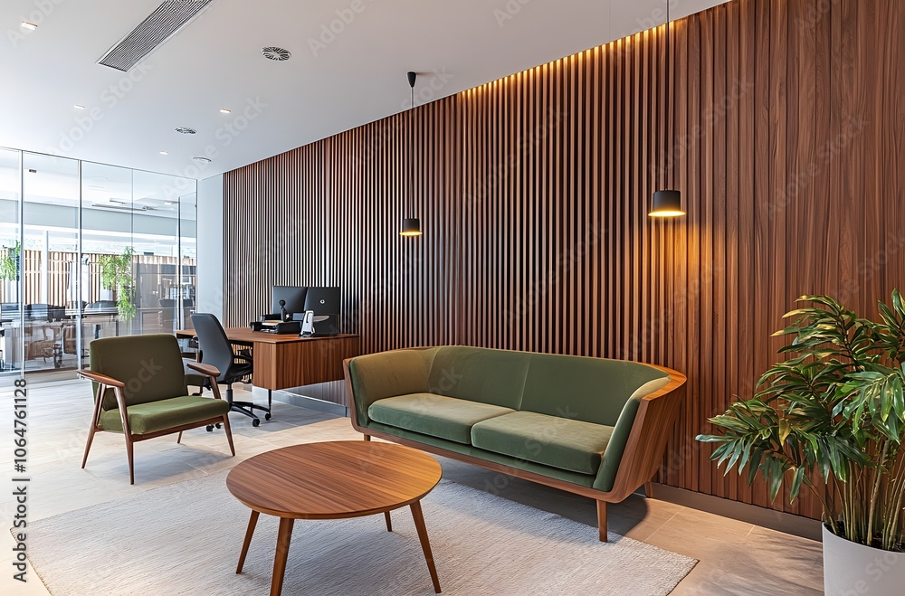Fototapeta premium Modern Office Lounge with Green Sofa, Wooden Wall, and Plant