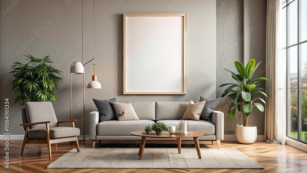 Frame poster mockup displayed in modern living room interior, render, home decor, design, wall art, blank frame Frame poster mockup displayed in modern living room interior, render, home decor, design, wall art, blank frame