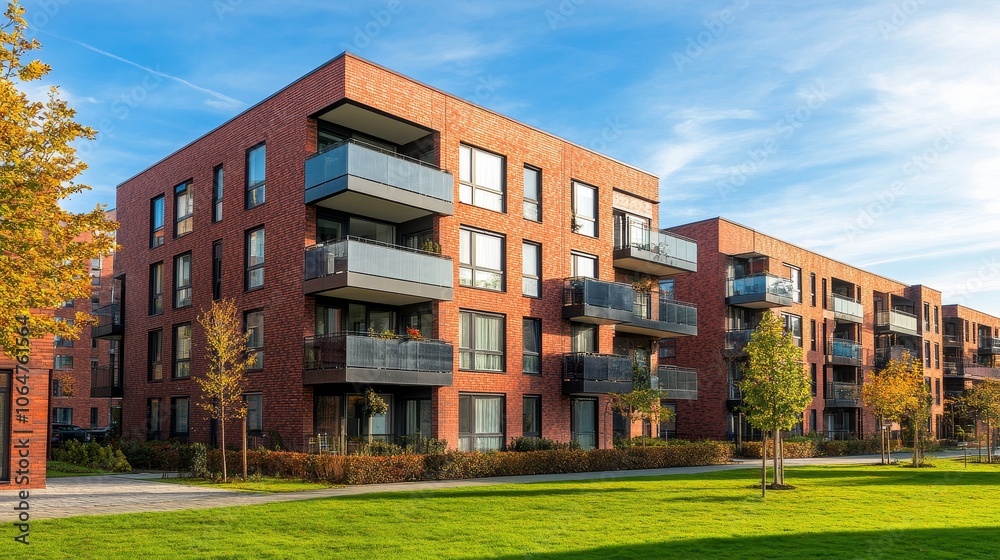 Modern residential buildings with balconies and green landscaping under a clear blue sky. Modern residential buildings with balconies and green landscaping under a clear blue sky.