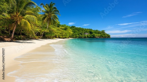 A serene beach scene with clear turquoise water, palm trees, and a lush green landscape.