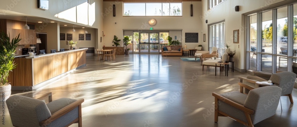 A wide shot of a rehab facility in a serene setting representing a calm space for recovery A wide shot of a rehab facility in a serene setting representing a calm space for recovery