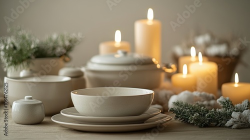 A warm and inviting scene of a table set for a holiday dinner with a focus on the dishes and candles using a soft studio background