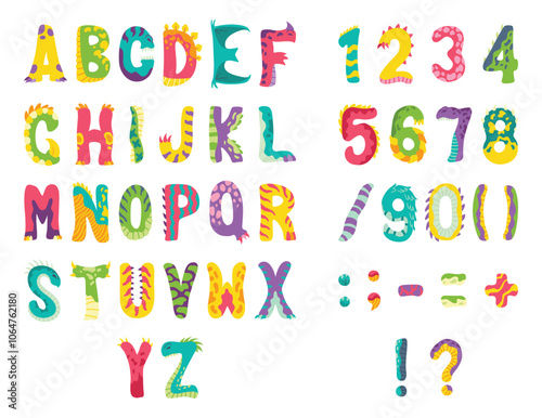 Dinosaurs alphabet from A to Z. Letters of English alphabet shaped as dinos. Children colorful cartoon funny fictional characters ABC. Vector flat icons set isolated on white background