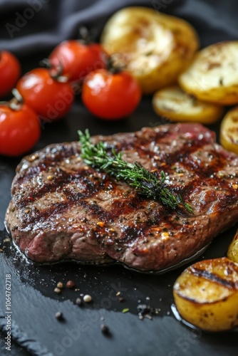 A perfectly grilled steak is presented alongside vibrant roasted cherry tomatoes and golden-brown potatoes, creating an inviting and delicious meal