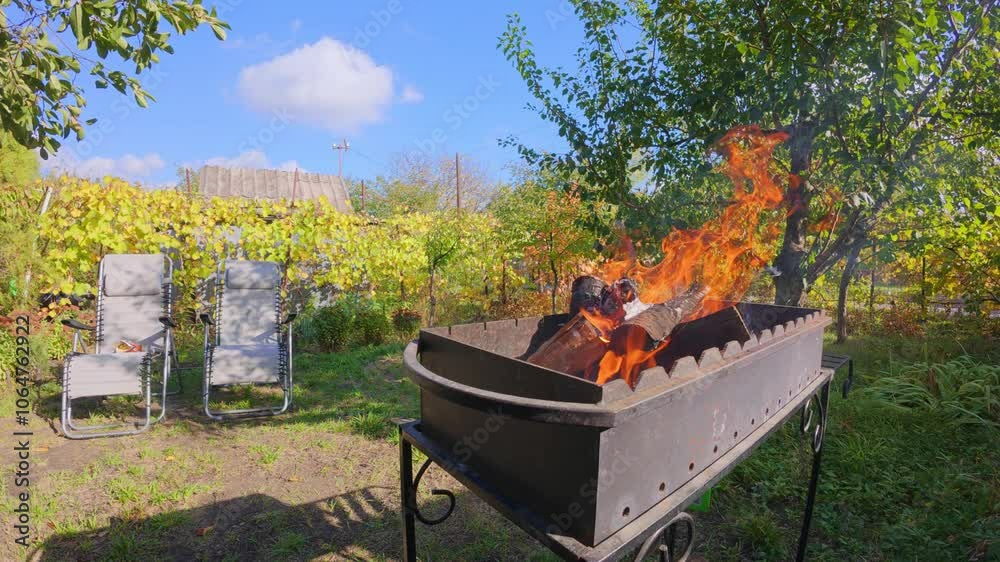 A cozy summer scene with a crackling campfire near a barbecue grill, surrounded by comfortable chairs for relaxation in the outdoors A cozy summer scene with a crackling campfire near a barbecue grill, surrounded by comfortable chairs for relaxation in the outdoors