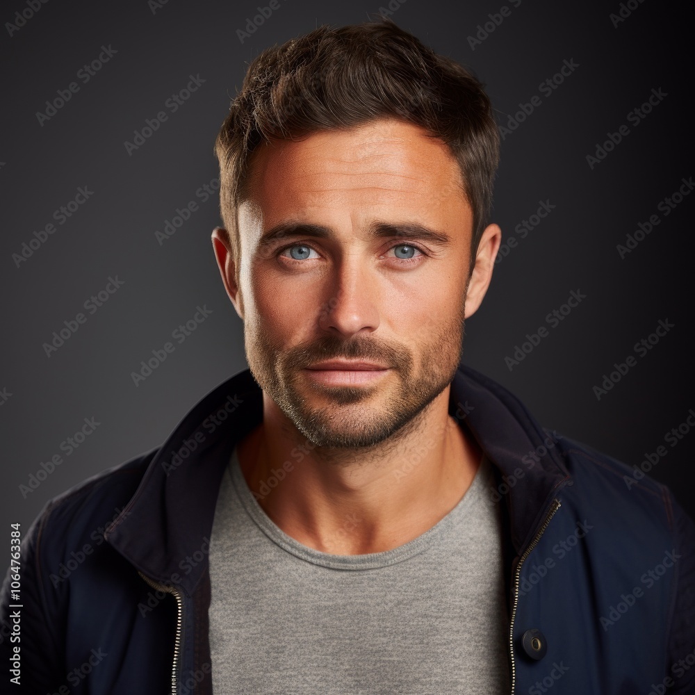Fototapeta premium British man in relaxed attire with natural demeanor against a lively studio background