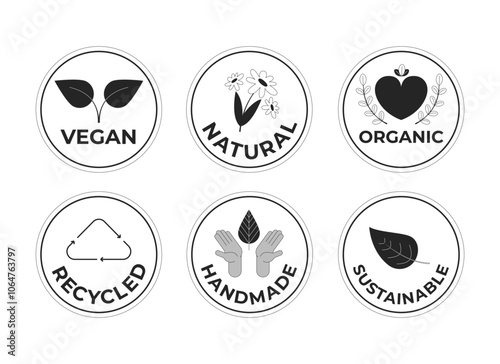 Eco friendly sustainable labels black and white 2D line stickers set. Organic recycled, handmade vegan isolated vector outline badges. Environmental monochromatic flat spot illustration collection