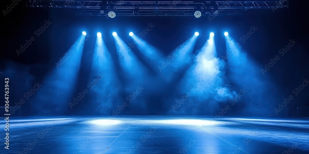 custom made wallpaper toronto digitalFree stage with lights and smoke, Empty stage with blue spotlights, conser, show, party, Presentation concept. dark navy blue spotlight strike on black background. banner design