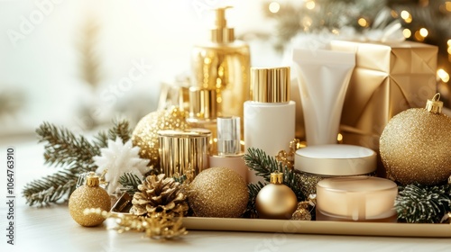 Cosmetics arranged on a tray with Christmas decorations in gold Holiday display setup for beauty items Front view Copy space