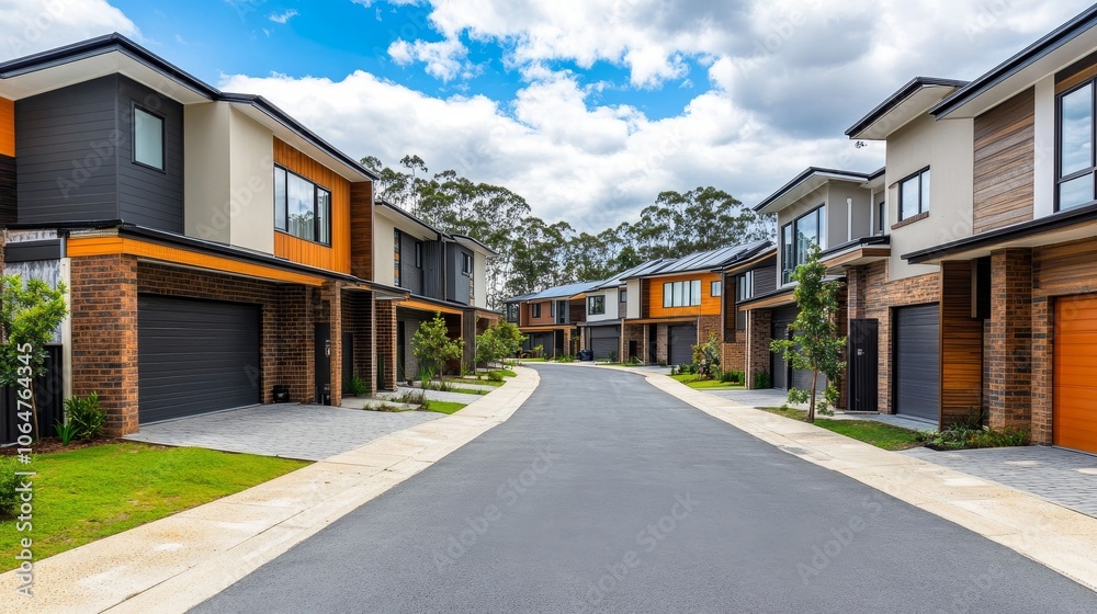 Modern residential street with contemporary houses and a clear sky. Modern residential street with contemporary houses and a clear sky.