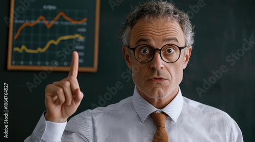 A business professional in a shirt and tie, raising a finger as if sharing an important idea or solution, with a blackboard and graphs behind.