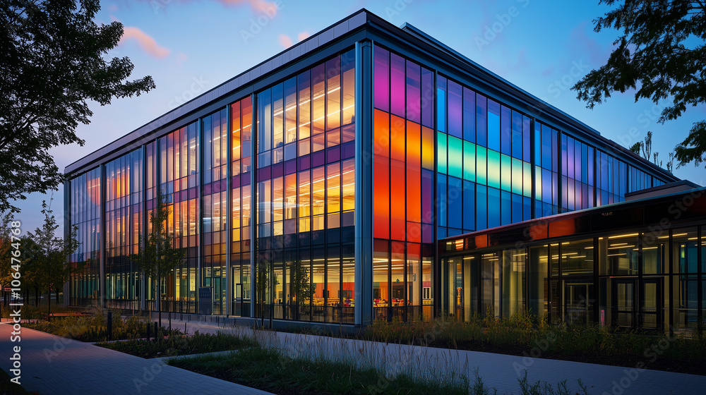 Modern glass building facade shining with vibrant, colorful lights at dusk, creating a stunning visual effect Modern glass building facade shining with vibrant, colorful lights at dusk, creating a stunning visual effect