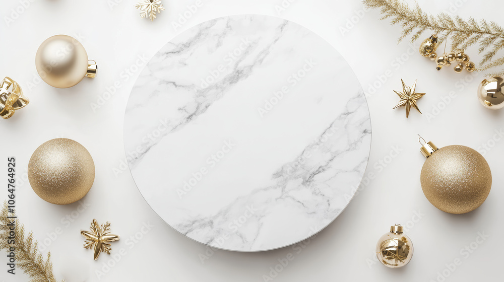 Fototapeta premium Empty White marble cosmetic podium product and Christmas golden decoration Product presentation scene for cosmetic or beauty product presentation on white background Top view