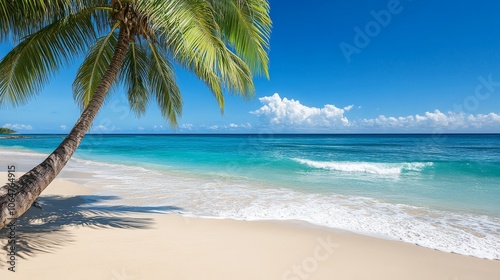 A serene beach scene with palm trees, clear blue water, and gentle waves under a bright sky.