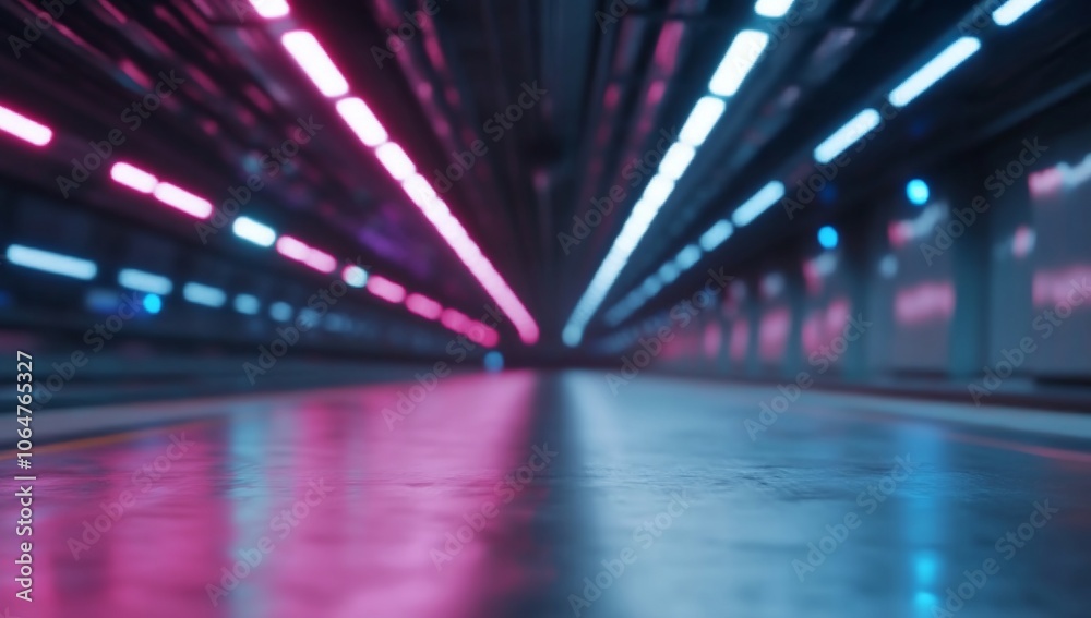 A futuristic tunnel with glowing pink and blue neon lights. A futuristic tunnel with glowing pink and blue neon lights.