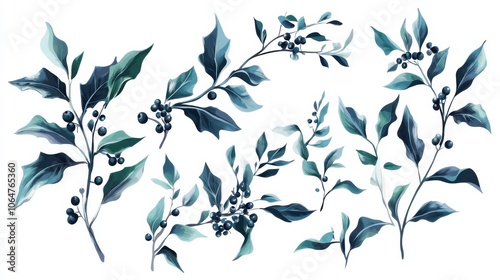 Elegant Holley Leaves and Berries Watercolor Illustration photo