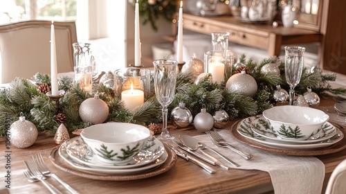 Holiday Feast in Style: A Festive Kitchen Table with Delicious Dishes, Flickering Candles, and Beautiful Pine Centerpieces - Perfect for a Cozy Poster in Your Dining Room!