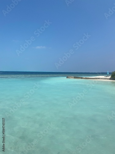 Clear, shallow waters extending out towards the open sea, with a vivid gradient of blues. The horizon meets a cloudless sky, and the water is so transparent that the sandy bottom is visible.