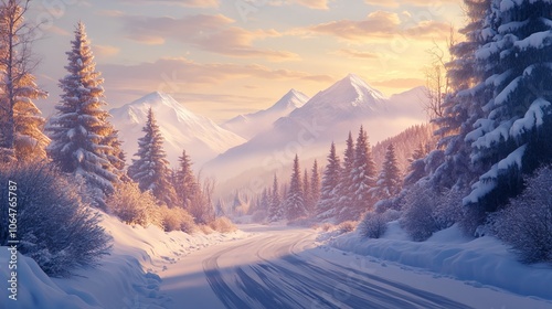 A scenic winter landscape features a snow-covered road winding through a serene forest towards distant mountains enveloped in a soft morning glow. 