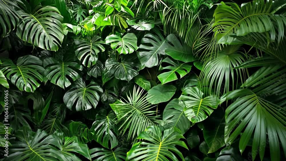 A lush green jungle scene with a variety of tropical leaves