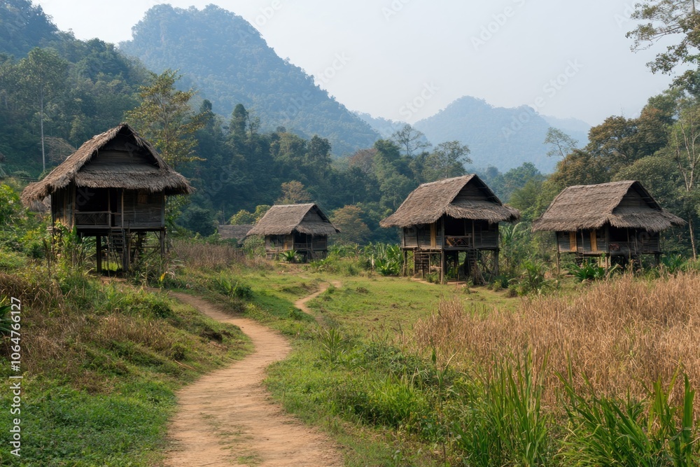 Scenic view of traditional wooden huts in a rural landscape with mountains. Scenic view of traditional wooden huts in a rural landscape with mountains.