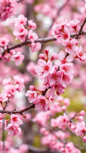 Delicate pink cherry blossoms bloom on a branch in the spring