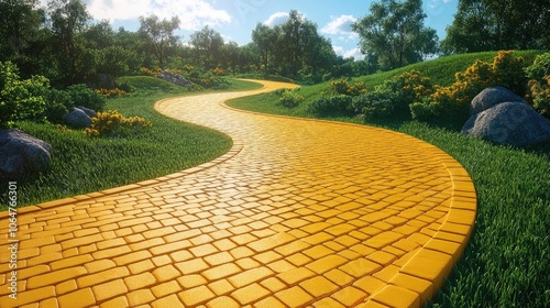 Enchanting Yellow Brick Road Winding Through Lush Green Landscape Under a Clear Blue Sky on a Sunny Day photo