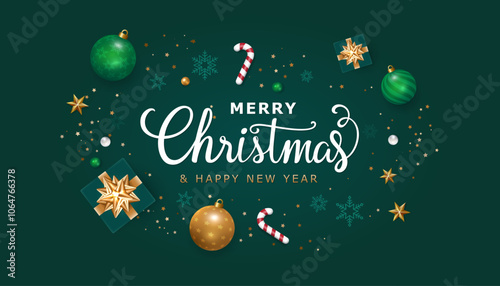 Merry Christmas and happy new year on green background. Christmas letters, Gift boxes, Christmas balls. Christmas element for web, banners, greeting card, template design. Vector EPS10.