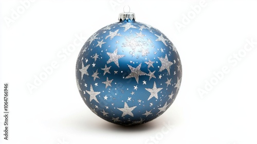 Classic blue Christmas ball with silver stars, isolated on a white background for a cool holiday vibe