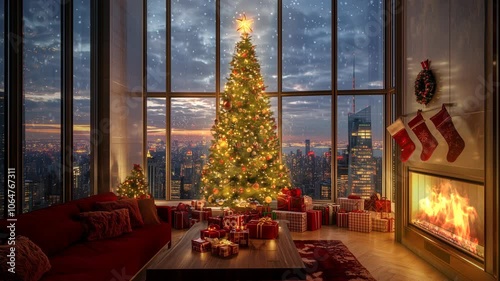 christmas decoration in a luxury modern skyscraper loft, bright christmas tree with present, fireplace with animated fire, 4k loop