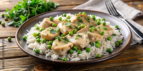 Chicken fricassee with basmati rice, wild rice, and buttered green peas on a plate, Chicken fricassee, basmati rice