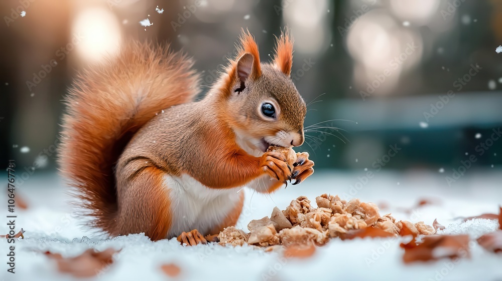Squirrel digging into the snow with its paws, animal digging, uncovering stored food in the cold landscape Squirrel digging into the snow with its paws, animal digging, uncovering stored food in the cold landscape