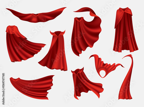 Superhero red cape in different positions, front and side view. Scarlet fabric silk cloak. Mantle costume or cover cartoon vector set