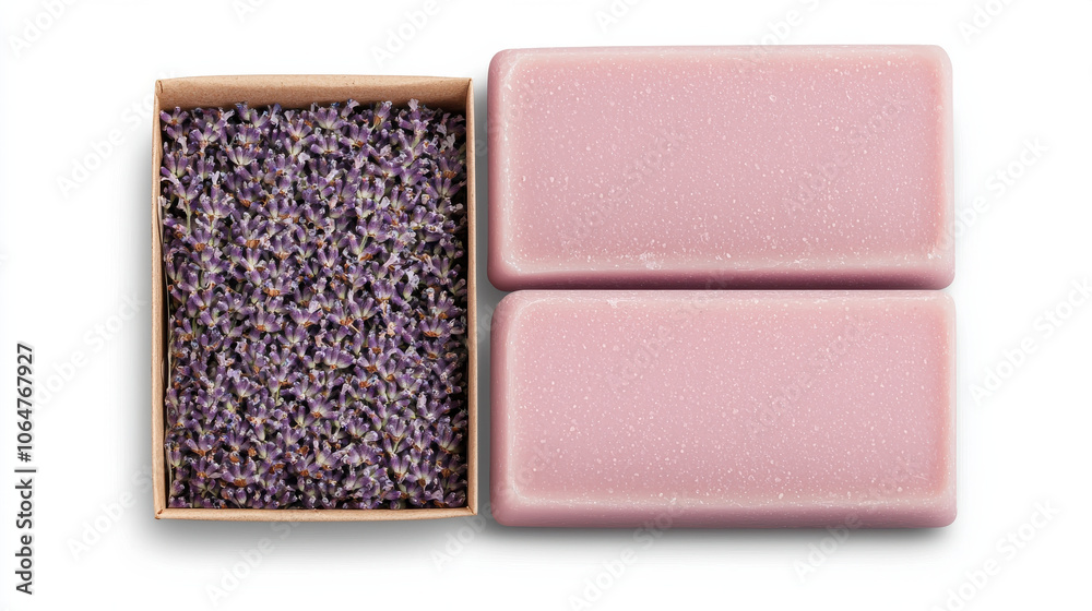 Fototapeta premium Two pink soap bars beside box of dried lavender flowers, creating calming and aromatic display. Perfect for relaxation and self care