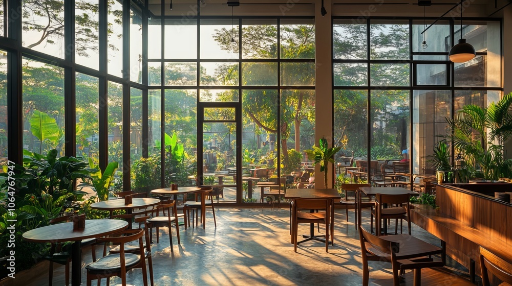 A tranquil coffee shop bathed in sunlight, featuring wooden chairs and tables arranged amidst large windows. The serene ambience invites relaxation and contemplation