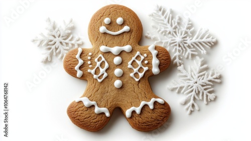 Classic gingerbread man cookie with festive white icing details, isolated on a white background -