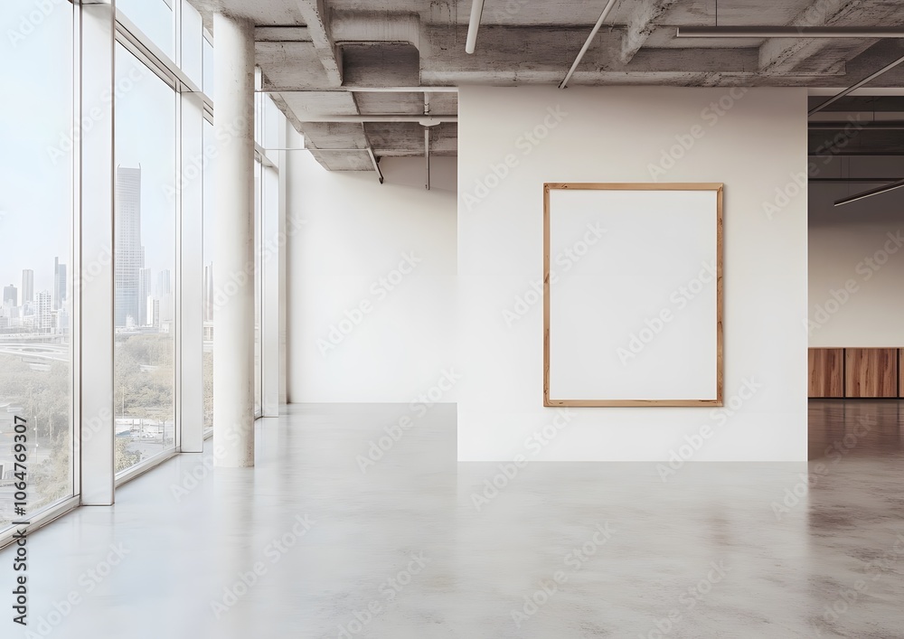 Empty Gallery Room with Large Framed Canvas and City View Empty Gallery Room with Large Framed Canvas and City View