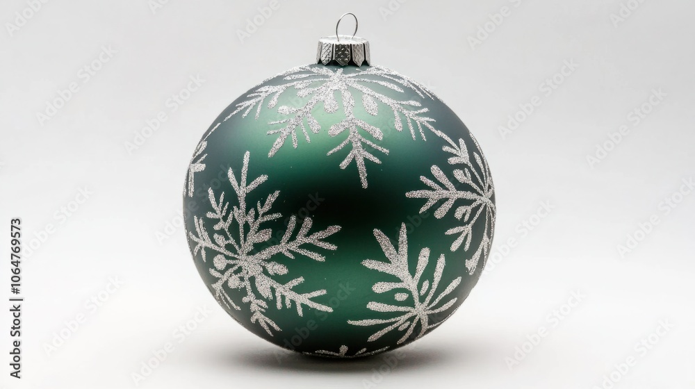 Classic green Christmas ball with silver snowflake patterns, isolated on a white background Classic green Christmas ball with silver snowflake patterns, isolated on a white background