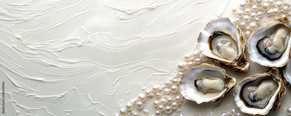 Elegant oysters with pearls on textured white background