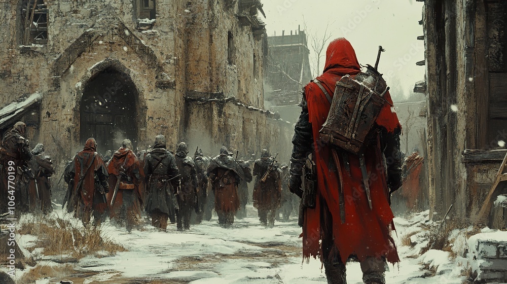 Medieval Army Marching Through Snowy Ruins Medieval Army Marching Through Snowy Ruins