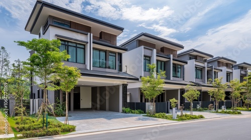 Modern residential buildings with landscaped surroundings and clear blue skies.