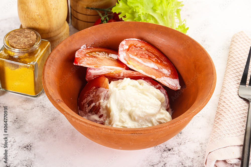 Fototapeta premium Salad with sliced tomato and stracciatella