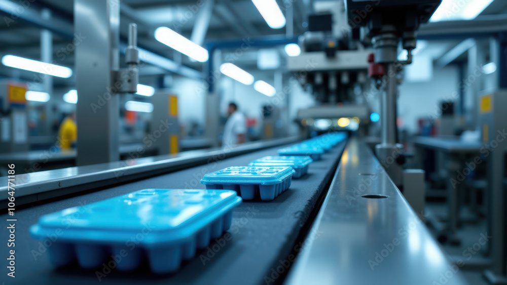 The image shows an industrial setting with multiple rows of plastic molds on a conveyor system, indicating a manufacturing process. The image shows an industrial setting with multiple rows of plastic molds on a conveyor system, indicating a manufacturing process.