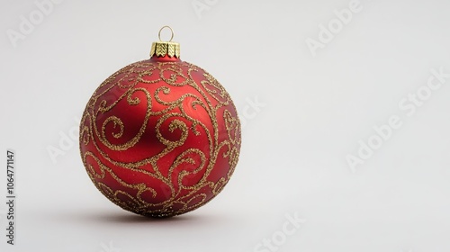 Classic red Christmas ball ornament with gold glitter patterns isolated on a white background, festive and elegant