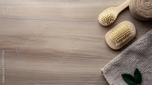 Cepillos de cerdas naturales y accesorios de baño sobre superficie de madera, en una composición de estilo minimalista y ecológico para cosmética natural. photo