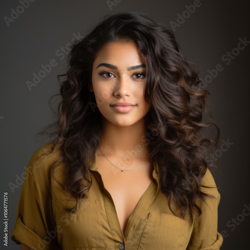 Young woman with curly hair and a warm smile in a casual outfit on a minimalist studio background