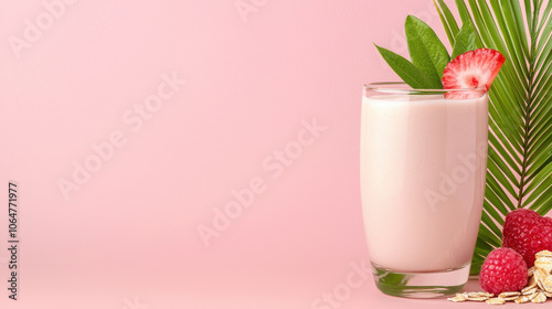 refreshing smoothie in glass garnished with strawberry and mint leaves, surrounded by raspberries and oats, set against pink background