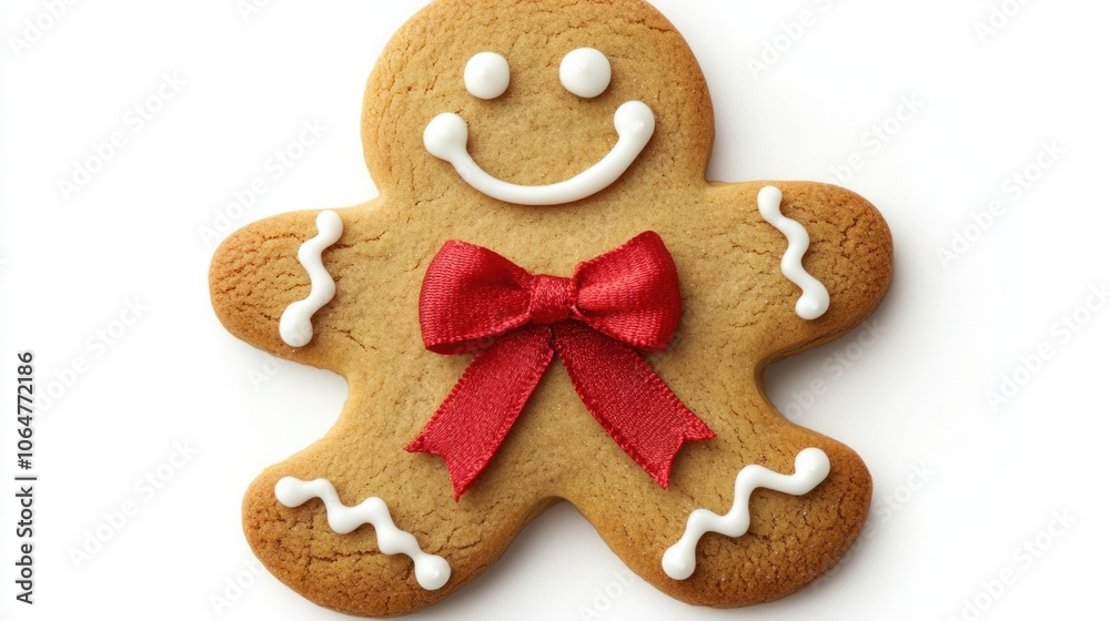 Cute gingerbread man cookie with red bow and icing smile, perfect for Christmas themes on white Cute gingerbread man cookie with red bow and icing smile, perfect for Christmas themes on white