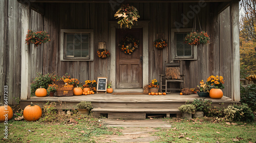 A cozy barn with a porch decorated for Thanksgiving, offering a welcoming atmosphere. photo