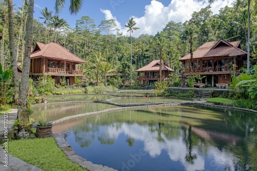 Serene resort surrounded by lush greenery and tranquil water features.